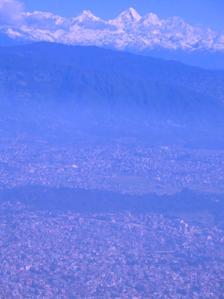 Katmandu, foothills, and the Himalayas beyond the smog