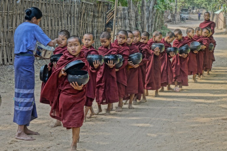 Burma - young monks, food bowl 
